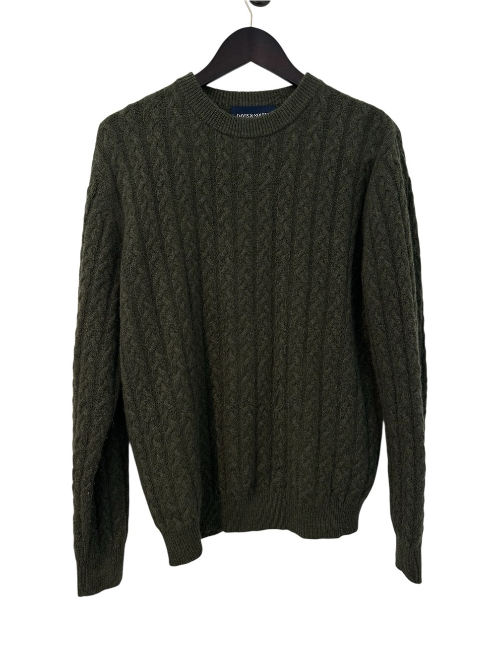 Classic Davis & Squire 2-ply Cashmere Olive Cable Knit Crewneck Sweater